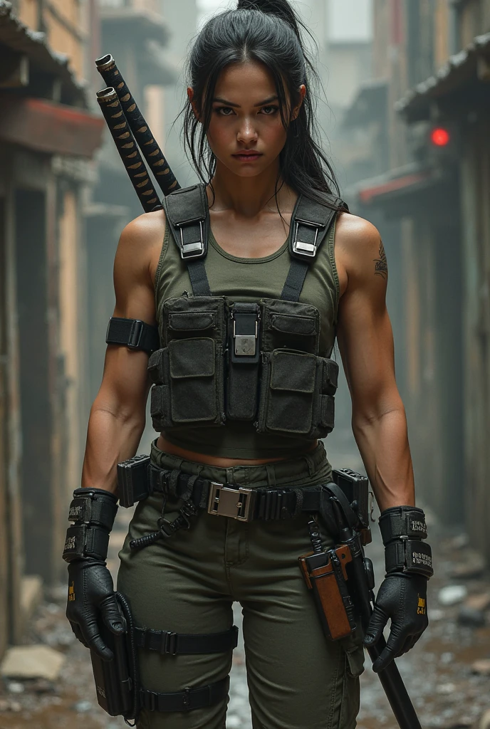 Woman with muscular arms standing confidently, wearing tactical gear including a bulletproof vest, utility belt, and leather gloves, two katanas on her back..
