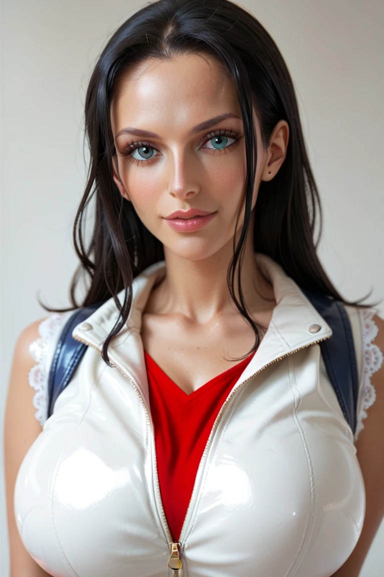 woman, best quality, clear texture, details, canon eos 80d photo, blue eyes, dark black hair, sleek mid-length hair style, straight hair, abstract white background, blue accessories, fully white theme, pro egirl makeup, (big boobs in tight shirt:1.0), (pale white skin:1.3), smile
