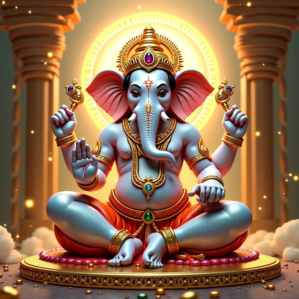 Ganesha, Hindu deity, has elephant head, one of his teeth is broken, has four arms, in each hand holds one of his traditional symbols, sitting front, sitting on a lotus flower, has a large belly, his look is radiant, brown eyes with golden glow, has silver skin, white clothing, his adornments are golden, hyper-realistic, the background has colored and diffuse lights, detailed highness, lighting comes from above, realistic, detailed shadows, confident expression,