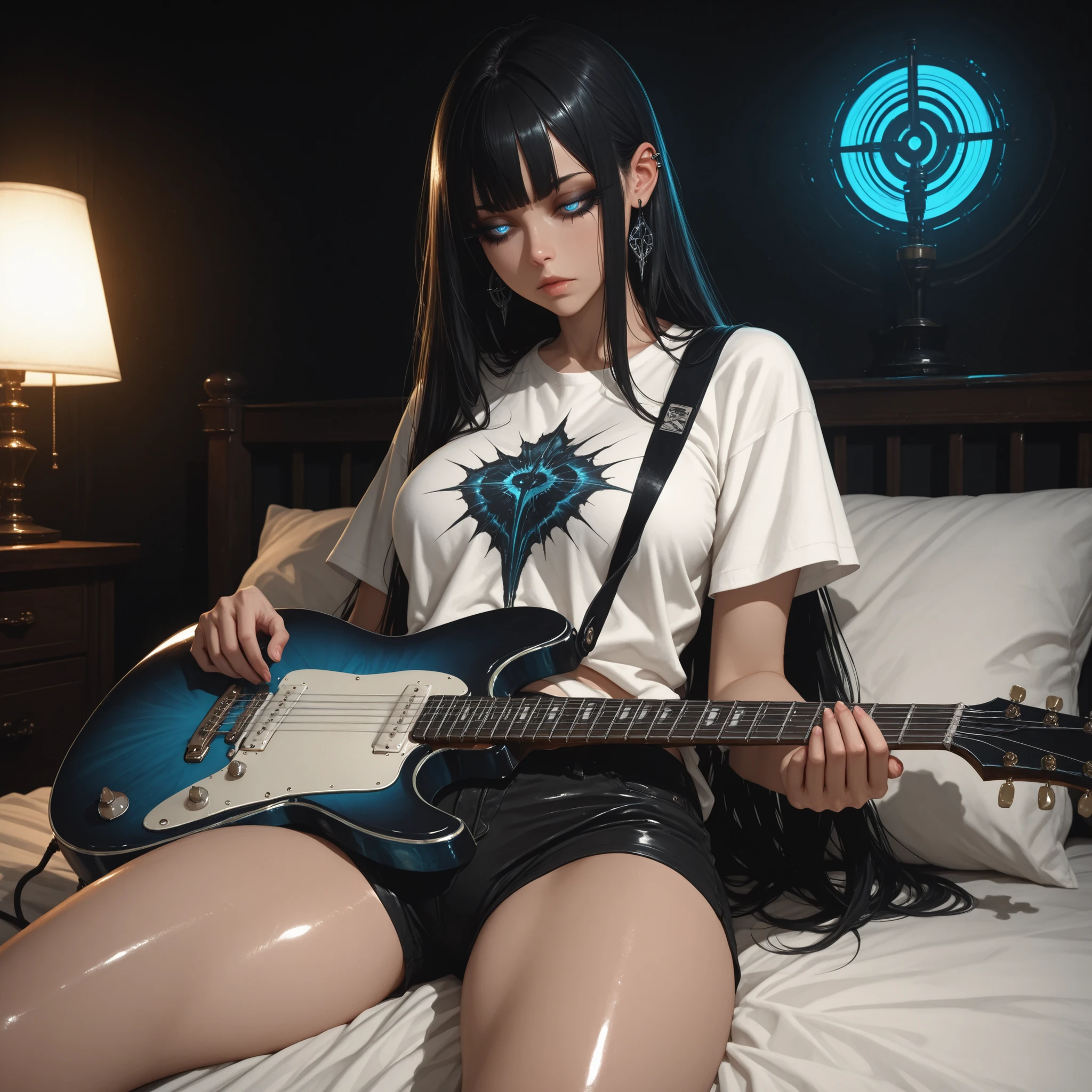 ((extreme quality)), ((Masterpiece)), (( Enrich the picture, Masterpiece level quality)), black hair , curtainbangs, medium breasts , blue eyes , extreme eyes details, fierce woman, raw 4k, perfect proportions , extreme hair detailed, extreme cloth detailed, extreme detailed , extreme background detailed, Epic background, Extreme Epic background, Movie scene, Realistically, Extreme Realistically, extreme resolution, ((great effect to highlight the subject)) , ( cinematic lighting , moody , textile shading) , perfect proportions , extreme detailed , volumetric lighting , soft lighting , glossy skin, glossy hair, beautiful face , extreme face details, Detailed facial features , Long eyelashes, Incredible atmosphere, Fascinating setting, dynamic pose, black eyeliner, ear rings , very Sleepy face, Sleepy eyes, sleeping on bed, Dark tone girl bed room, wear a Oversized white t-shirt with black shorts, neon table lamp in room, Electric guitar,