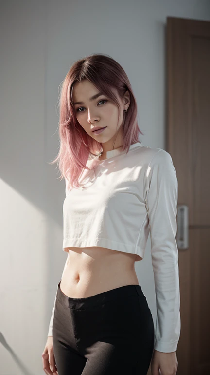 an orange sleeveless qípáo, with white feathers around the shoulder holes and a Chinese symbol on her chest and white shorts with black lining, pink ballet slippers with straps around her shins, and matching pink hairbands and thick glowing bracelets