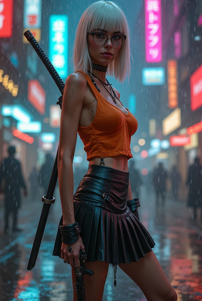 a woman from behind standing in front of a neon sign with a knife in her hand and a knife in her hand, Bayard Wu, cyberpunk style, cyberpunk art, neo-figurative <lora:guweiz:0.7>,
sword, 1girl, solo,
epic realistic, (dark shot:1), 1girl, ninja floating, textured clothing,
smoke, (((sandstorm))), (flying stone), (((dust explosion:1))), wind,
blonde hair, smile, shy smile, high heels, earring, collar, (white dress:1.5),
(masterpiece, high quality, best quality:1.3), (natural shadows, detailed shadows:1.5), <lora:SDXLHighDetail_v5:0.5>