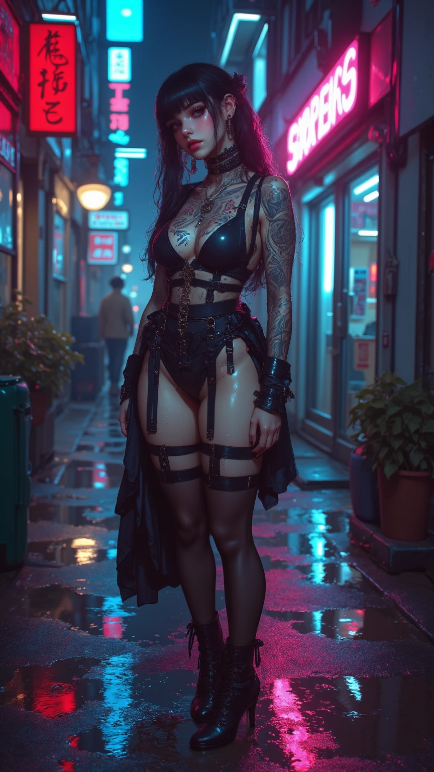 arafed woman in a see through sheer black lingerie posing for a picture, seductive cyberpunk dark fantasy, cinematic goddess body shot, gothic maiden of the dark, gothic horror vibes, dark goddess with six arms, sinister pose, androgynous vampire, dark witch character, sensual gloomy style, female vampire, rendered in sfm, dark goth queen, gothic maiden, dark cinematic lighting, highres, HD, 4K, masterpiece, ccurate, anatomically correct, UHD, best quality