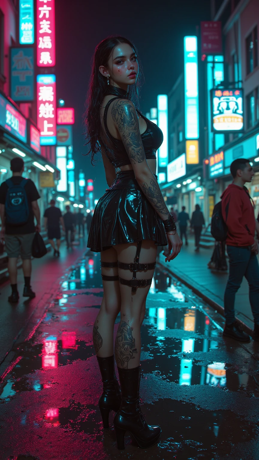 (an artistic photograph of a cyberpunk prostitute),full body shot, centered, (extremely detailed:1.2), (intricate neon slums in the background:1.1), hyper-detailed, (soft lighting:1.2), high resolution, filmic grain.