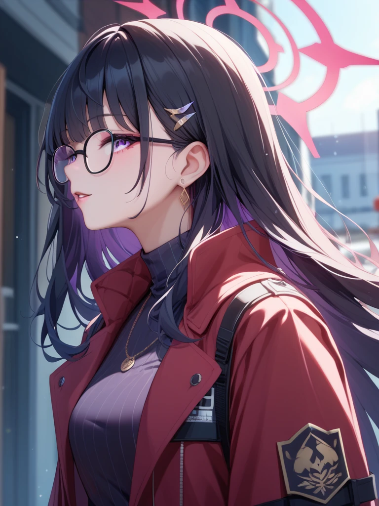 (masterpiece), best quality, expressive eyes, perfect face, 1girl, solo, ishtar, ishtar fate, purple eyes, eye glasses black hair, gold hair ribbon, long hair, twintails hair, ribbon, Red Jacket with White Shirt, jewelry neck, city background, upper body, portrait, looking at viewer, face blushing, medium breast, close up face