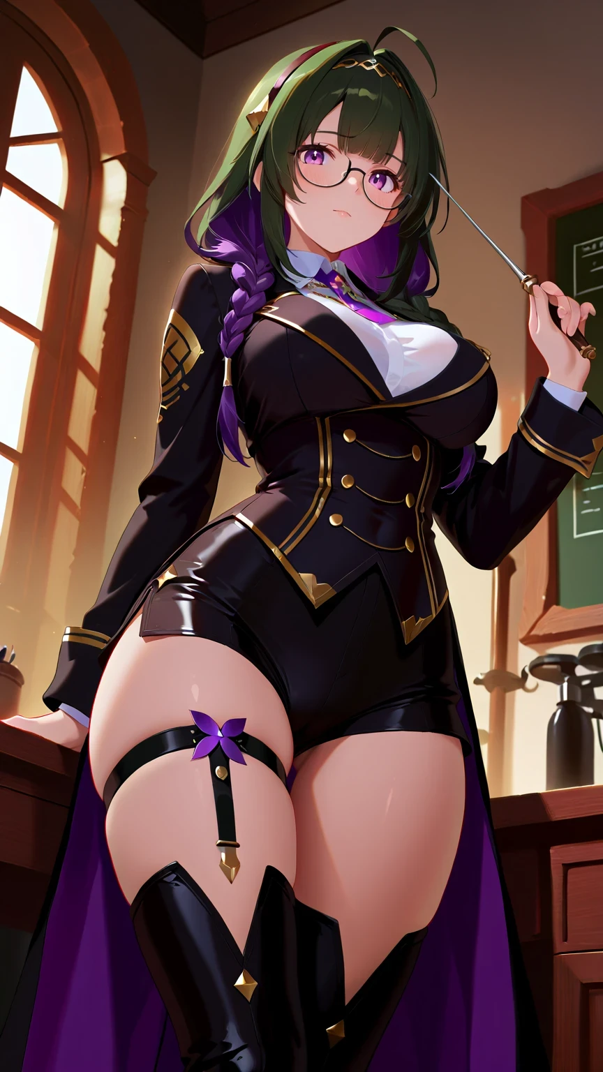 Misarine Absair Edo Purple Sacred Relic Restorer Costume,(very aesthetic),one girl,BREAK,Aesthetic sagging,Holy Sword,Relic Collection,Has a Small Wand,BREAK,Bangs,Dark green hair,Edo purple hair,Braided twin tail hair,multi colored hair, The world is awful,Vintage,girly accessories,Examination Board,BREAK,Vintage Round Glasses,Alchemy Material,BREAK,Crotch Thigh High Boots,Scholar Shorts,lady headband,Curvy,constricted,BREAK,(God's miracle masterpiece:1.2,BREAK,最High Quality,High Quality:1.2,perfect anatomy, Unity 8k ),BREAK,upper body angle,Light through the window,(rimlight),cinematic lighting