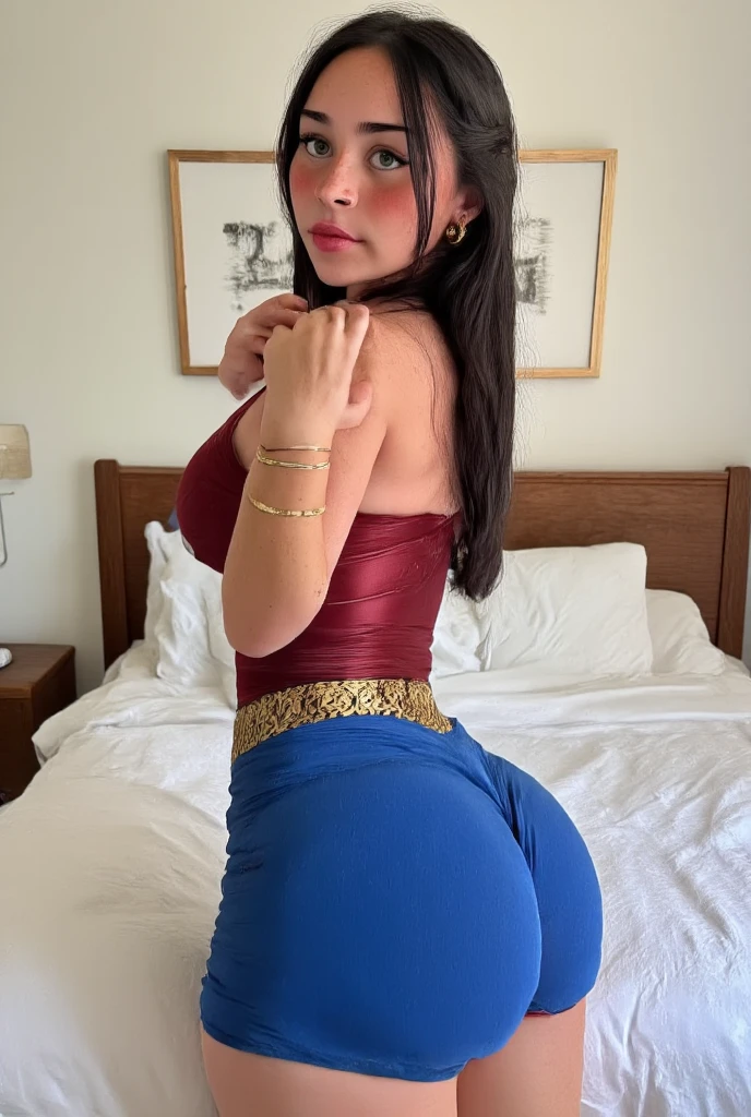 back view, perfect ass, Indian super model, wearing wonderwoman outfit,  sexy , huge breast, cleavage,  oily skin, lusty looks, plus size model, sexy expression, high end makeup, smokey eye, black ponytail hair, 8k, cinematic,