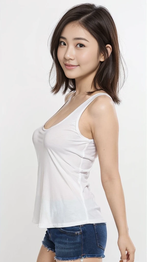 ((High resolution, High resolution, Attention to detail, masterpiece)), Rough skin, Anatomically correct, sharp, White Background ((Japanese Mature, 30 years old)), alone, Shapely large breasts, Straight black hair that reaches the shoulders, Chubby body type, (((Stand upright, from the front)),T-Shirts, panties,On all fours