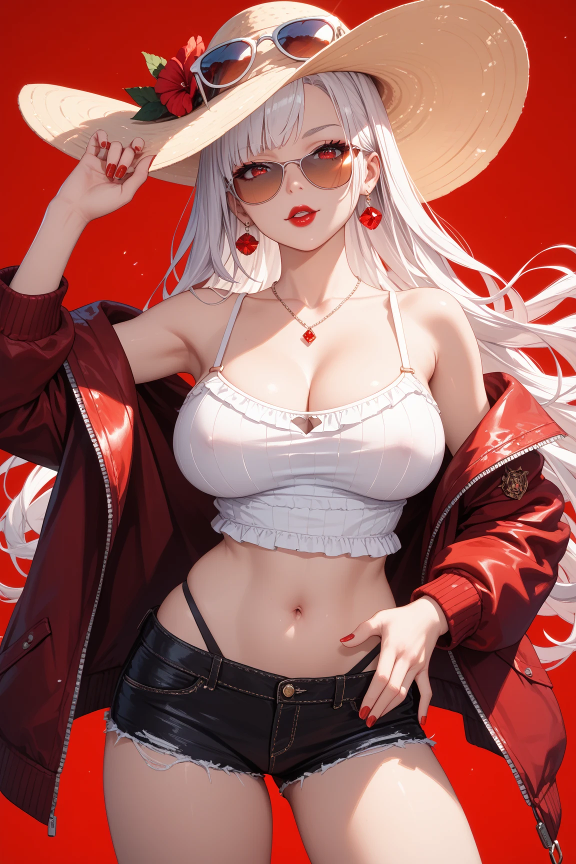 high image, super detail, high resolution, anime, manga, illustration, eating fruit with a mouthful, intelligent beauty, , make up, ecstatic expression, amorous expression, seductive look, flowing layered messy white glossy medium short wavy hair, speed line, sparkling blue big eyes, alluring moist red lips, huge breasts, under boob, side boob, great proportion, perfect proportions, slender, full body