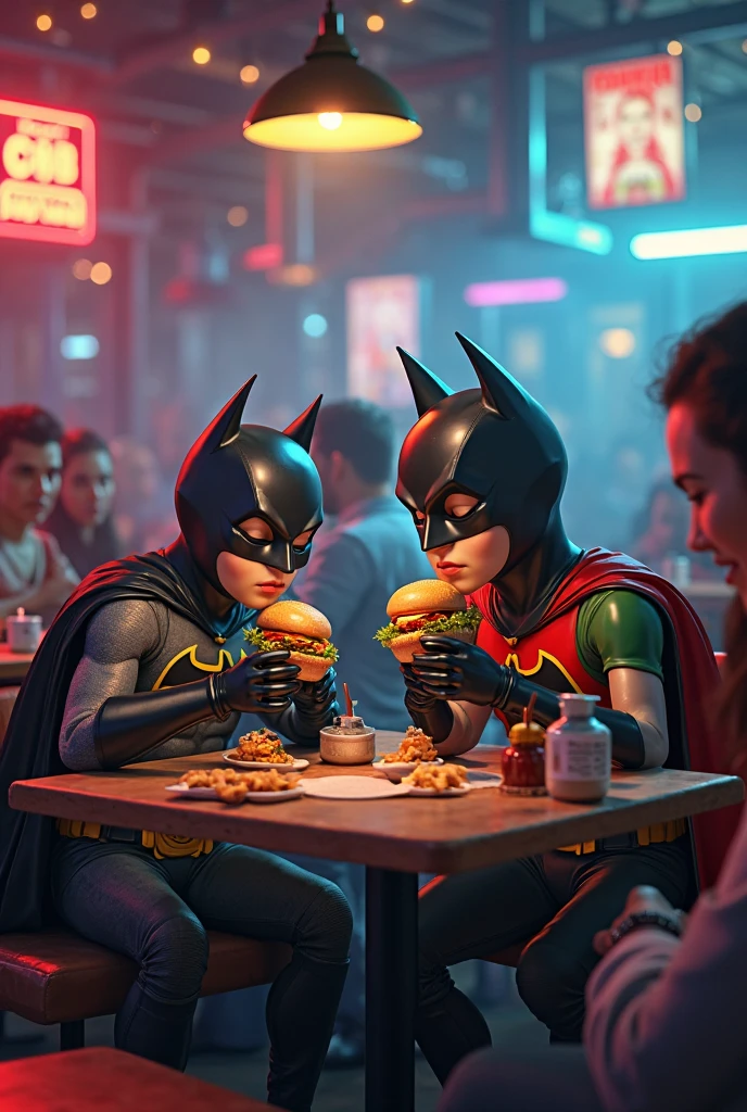 Batman eating hotdogs With workers