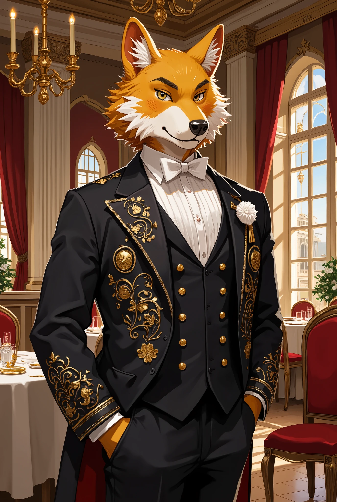 HD,8K,major,fine painting,Furry Butler, Luxury Villa ,interior,Fashion,grace,gorgeous, exquisite,Unique costume ,rich in touch,细节 exquisite,realistic,Realistic,major照明,is rich in layers,brightly colored,soft light,Warm colors