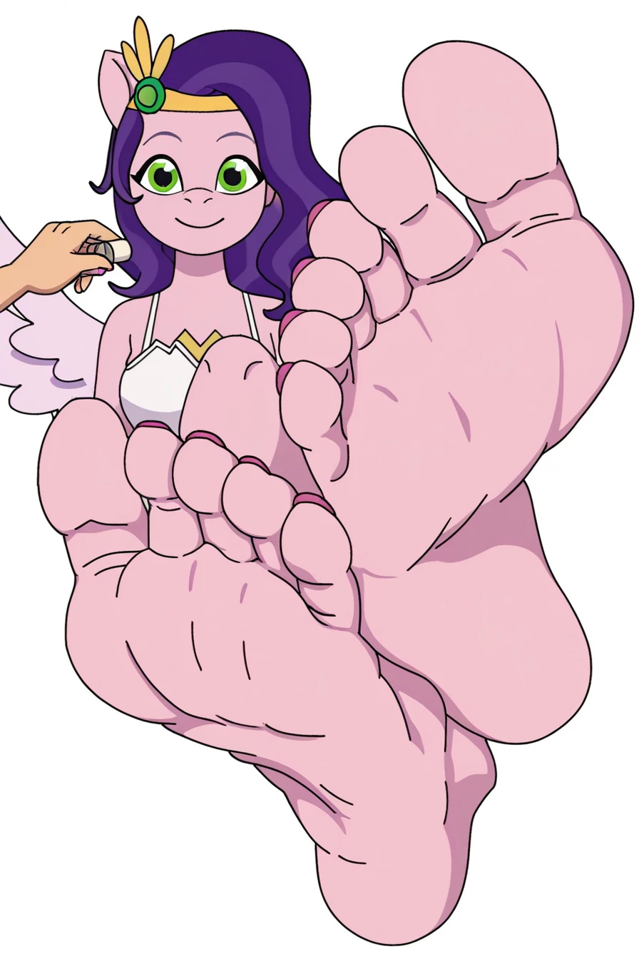 score_9, score_8_up,   KJOmomo, izzy moonbow, pony, 1girl, solo, alone,    dantegemini_style, foot focus, barefoot, pink toenails, feet, toes, white background, masterpiece, highres, ashitsubo, foot massage, holding another's foot, feet, toes, tell your tale,
