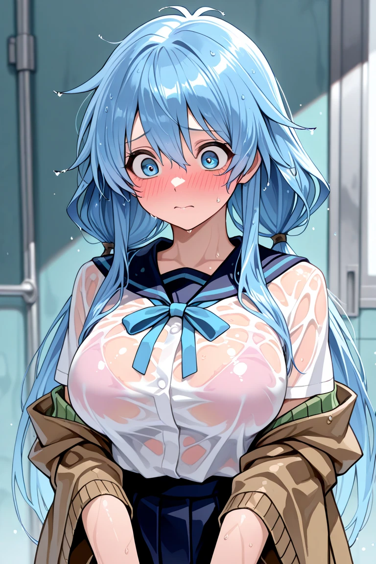 nsfw,1 person,Sweat,White Breath,solo,ONE PIECE,Perona,(Cleavage voyeur),sit,room,Naughty expression,Sheer T-shirt
