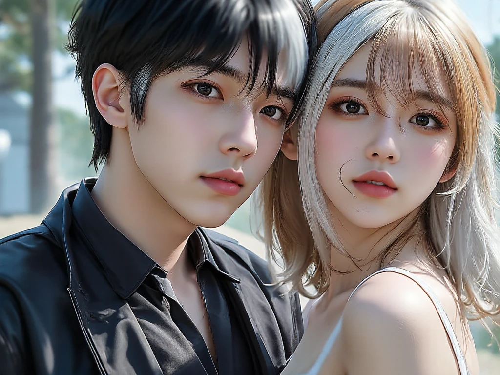 (masterpiece, best quality,girl, intricate details, chromatic aberration), (realistic),(skin), ((breath)),detailed hair,blue highlights, ambere eyes, earrings, sharp eyes,((symmetry eyes)),((perfect symmetrical body))handsome males,muscle,((absurdres, highres, ultra detailed)handsome, tall quite muscular Anime young man Korean man full body figure A 80s Korean power business couple male and female almost 80s korean modellike for both males females cute attractive good looking handsome
