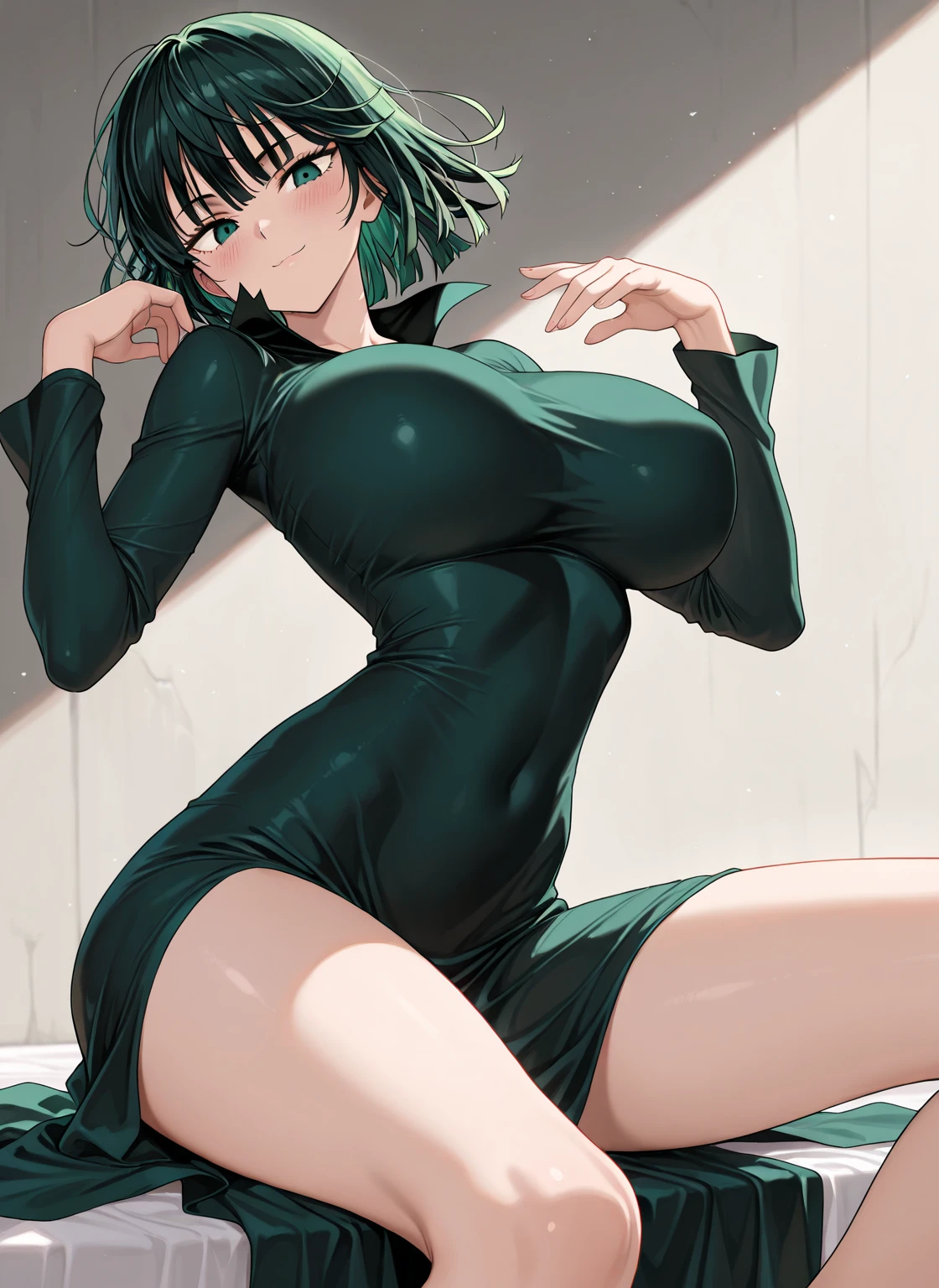 Solo, 1Woman, Fubuki, Fubuki \(One Punch Man\), Dark Green Hair, Messy Fluffy Bobcut, Ahoge, Green Eyes, Massive Breasts, Narrow Waist, Wide Hips, Large Round Ass, Thick Soft Thighs, Dark Green Sleeveless Turtleneck, Cleavage Window, Deep Cleavage, Black Short Shorts, Green Thighhigh Socks, From Above, Laying in Bed, Looking Up to Viewer, Arms Open, Reaching Up, Romantic Bedroom, Beautiful Lighting, Loving Smile, Cute Expression, Blushing, Sweaty, Masterpiece, 4K Resolution