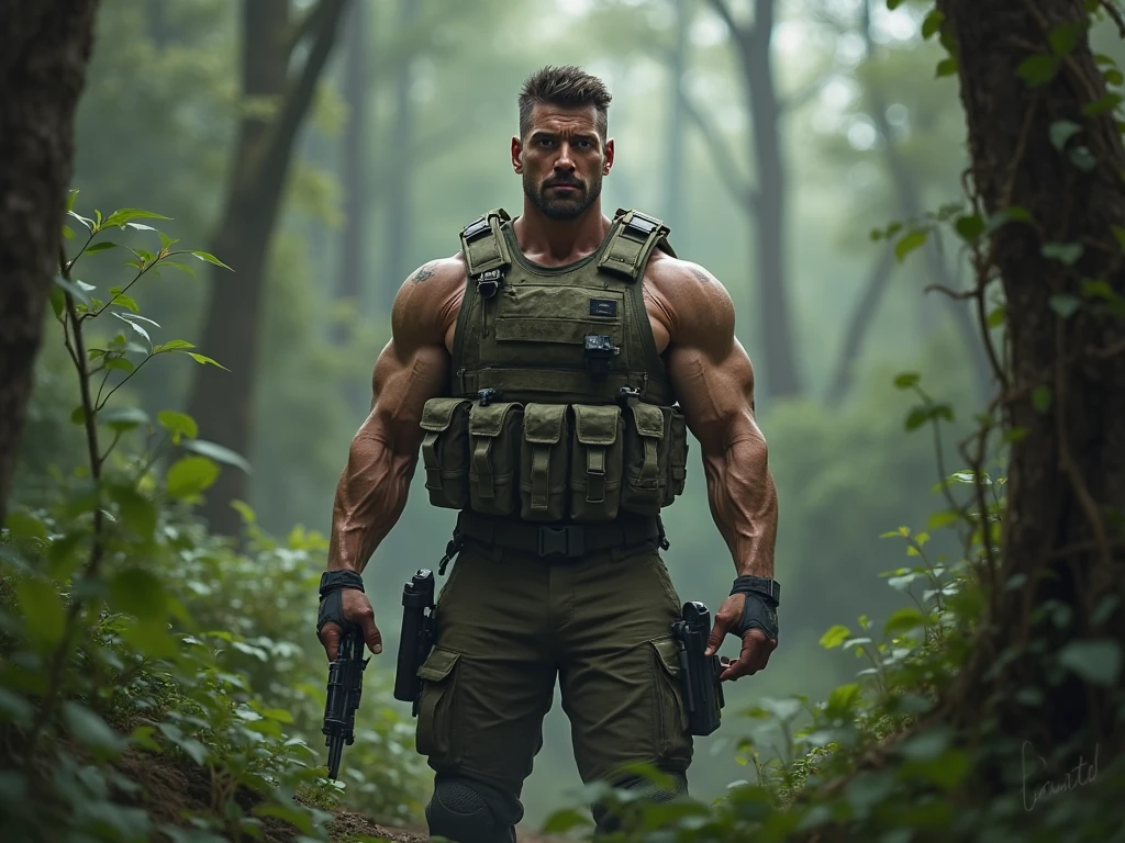 Create a man with a dark aura, green eyes, tattoos, a wolf tattoo, marked jaw, with military clothing, with a forest background with rain and a dark sky