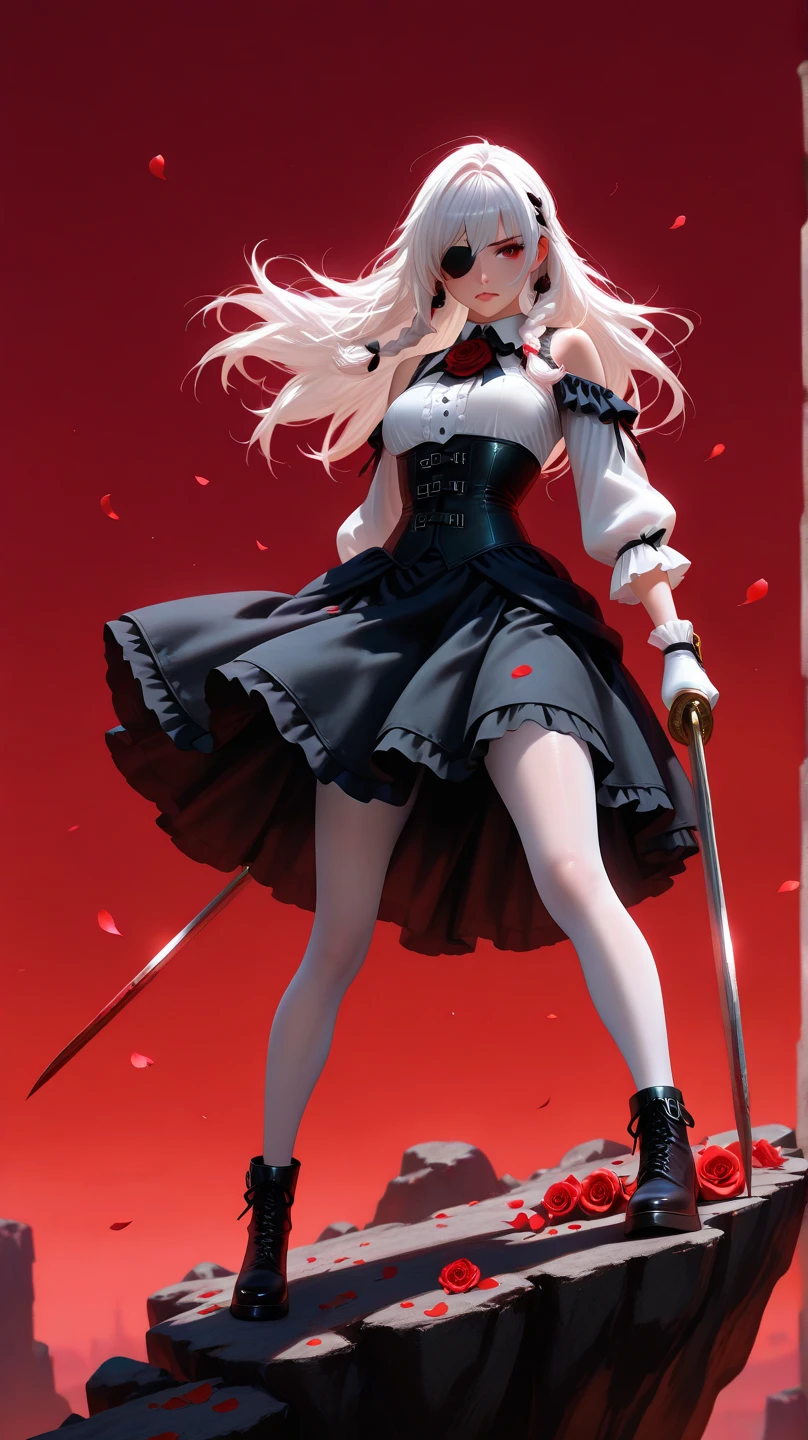 Girl, long hair, white hair, braids, black eye patch, red rose in hair, bloody red mystical sword, murderous aura, attack position, translucent white pantyhose, black gothic ankle boots, white shirt, black gothic shoulder-length sleeves, white and black gloves, black corset, short black and deep red skirt, large bust, slim waist, suspense background, terror, wielding sword in right hand, on top of a cliff, gothic style, red sky, light mist, red petals falling from the sky, hyperrealistic, high definition, perfect quality.