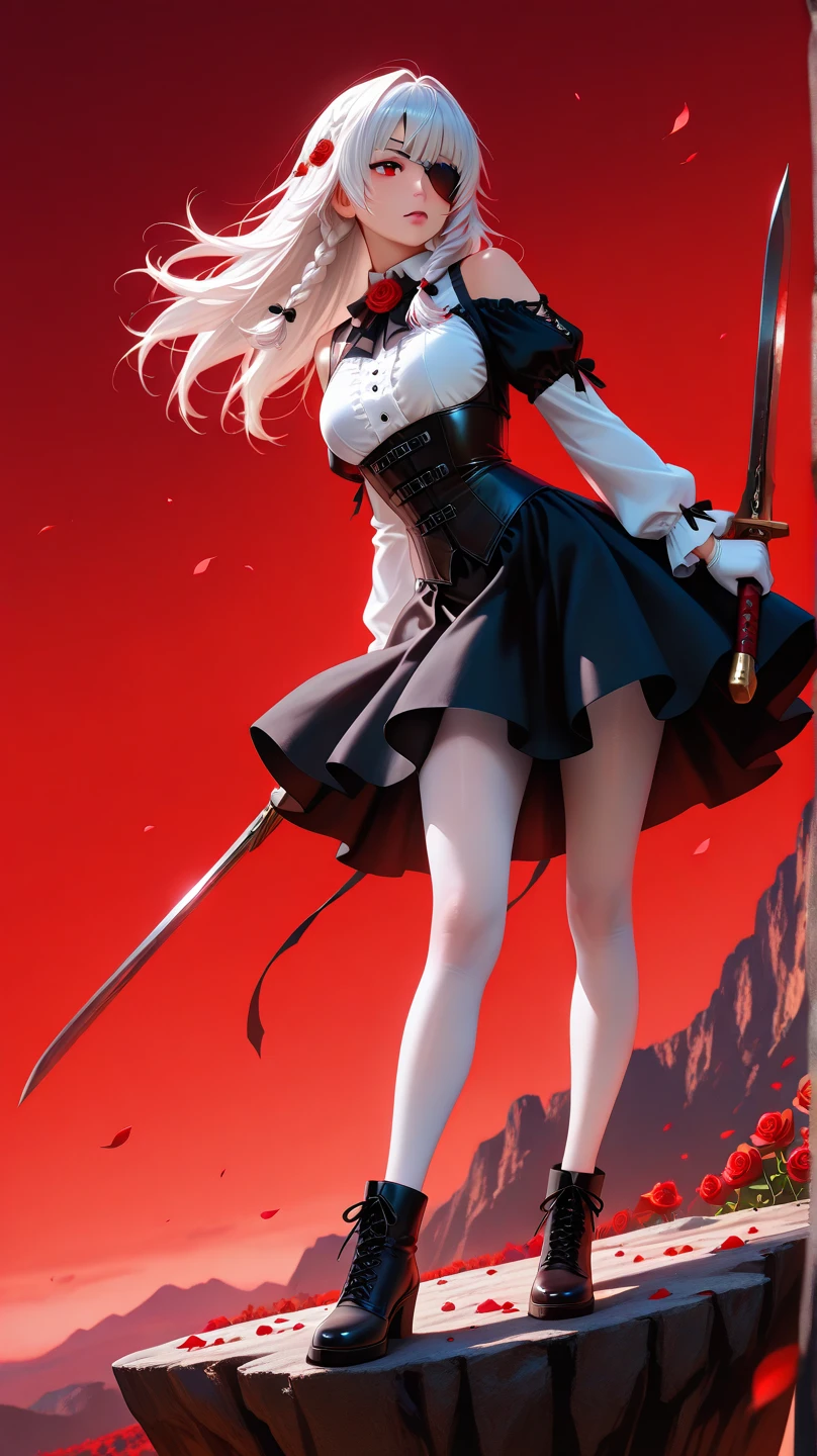 Girl, long hair, white hair, braids, black eye patch, red rose in hair, bloody red mystical sword, murderous aura, attack position, translucent white pantyhose, black gothic ankle boots, white shirt, black gothic shoulder-length sleeves, white and black gloves, black corset, short black and deep red skirt, large bust, slim waist, suspense background, terror, wielding sword in right hand, on top of a cliff, gothic style, red sky, light mist, red petals falling from the sky, hyperrealistic, high definition, perfect quality.