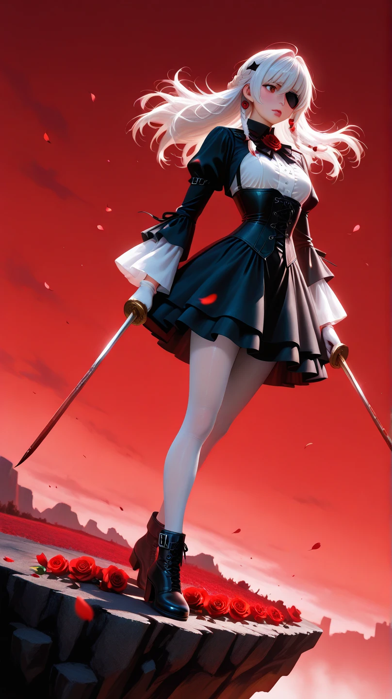 Girl, long hair, white hair, braids, black eye patch, red rose in hair, bloody red mystical sword, murderous aura, attack position, translucent white pantyhose, black gothic ankle boots, white shirt, black gothic shoulder-length sleeves, white and black gloves, black corset, short black and deep red skirt, large bust, slim waist, suspense background, terror, wielding sword in right hand, on top of a cliff, gothic style, red sky, light mist, red petals falling from the sky, hyperrealistic, high definition, perfect quality.