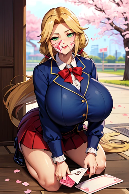 (nsfw),masterpiece,ultra detailed,sharp focus,4k digital art,high resolution,seductive anime girl,front shot,(v sign with both hands:1.5),( blushed and laughing:1.7),tareme,(adult beautiful face,curvy adult body:1.3),(upskirt:1.4),(school cardigan:1.3),dress shirt,black socks,(navy and pleated skirt),bow tie,(blonde hair,side ponytail),(tanned skin:1.3),outdoor,public park,(sweaty:1.2),grinning,(trembling,flying heart-shapes),(squatting and spreading legs),(sexy and laced red undies:1.3),loafers,crowd in background,gigantic breasts,drooling,heart pupils