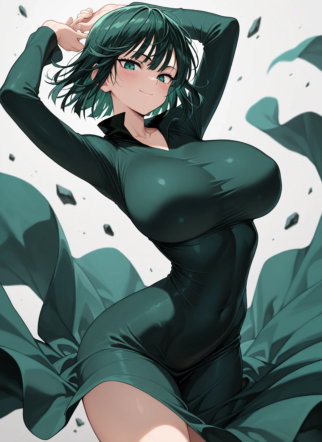 Fubuki, master piece, best image quality, facing the camera, evil smile, green skirt, Sexy tall, looking straight at the camera, short hair, Perfect bodies, seaside, green hair, big breasts, Fubuki, ripped clothing exposing breast, nude