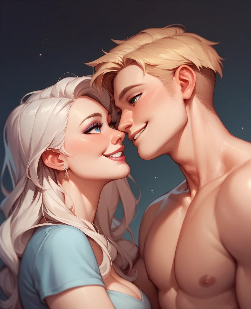 A Guy and a girl standing next to each other, a couple having sex, naked at the lake, intense shaking orgasms, dark sky with stars. she is cute and short with round hips and long flowing blonde hair and small breasts. he is cute and has dark hair and a big penis. ((Full shot of a guy and a girl))