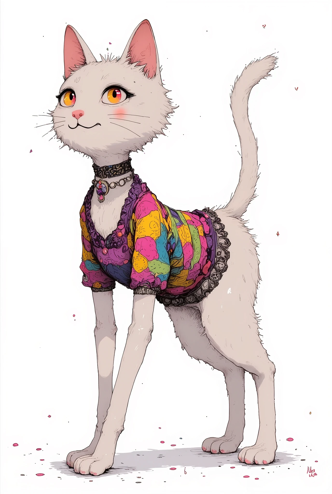 The cat has a cute expression, walking on two legs, ((The face is a cute cat)), ((Pupil details, gradient eyes)), (((Macro))), close up shot : 1.8, profile, (((side view))), from the side, (white backgriound : 1.4), High Definition, masterpiece, Accurate, top quality, High Definition model, high detail, beautiful detailed, beautiful hair, high resolution, 32K, realistic rendering, (Masterpiece, Hi-res: 1. 2), 1 cat, brightly colored shirt, psychedelic designs, neon green, orange, purple, choker, (earrings:0.1), necklace, Psychedelic design, neon green, orange, purple, vivid background, swirl pattern,