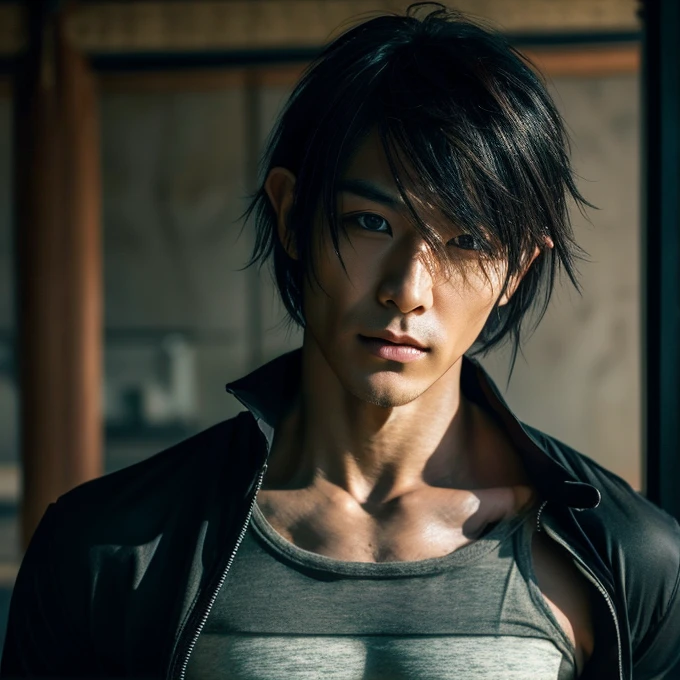 Generates the character Light Yagami from Death Note animated without a shirt, less serious
