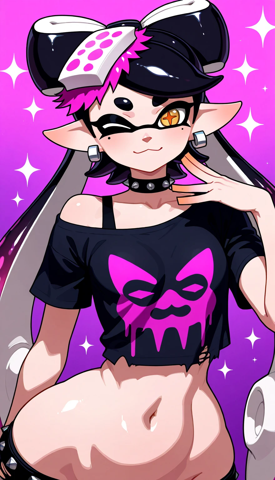 ((masterpiece,best quality)),1girl, loli, solo,elf ears, heart shaped earrings, heart shaped pupils, short hair, ((purple hair)), a pink streak on the bangs, ((a gap between the teeth)), Long black t shirt, long sleeves,
shorts with chain, full body,((fangs))