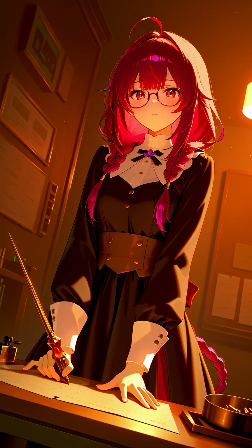 Misalind,Absiah,Relic Restorer,(very aesthetic),one girl,BREAK,highly detailed eyes,Has a Small Wand,Seiken Repair,Relic Collection,Colored Glasses,Bangs, Orange and Edo purple hair,multi colored hair,(Misaligned Neat Old Clothes Girly Outfits),ヘアaccessory,Bon Cubbon,(curvilinear:1.2),BREAK,accessory,Examination Board,braided twin-tail,Vintage Very Small Round Glasses,Alchemy Material, The world is awful,BREAK,(God's miracle masterpiece:1.2,BREAK,最High Quality,High Quality:1.2,perfect anatomy, Unity 8k ),BREAK,shoulder angle,Cinematic Lighting,Light Illuminating a Sparse Face,