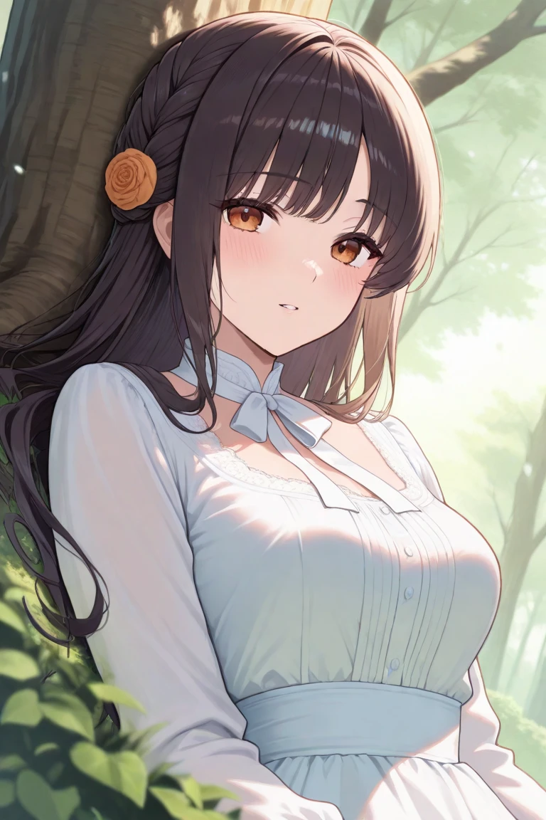 masterpiece, best quality, 1girl, forest, brown hair, long hair, fox ears, brown eyes, cute, blushing, (medieval villager clothes:1.2), (slim waist, curvy:1.1)
