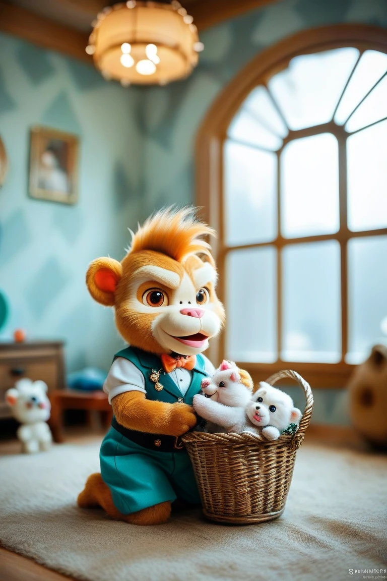 Create a touching photo, that shows a zookeeper in a loving everyday moment with a cute pet, that transforms into a protector. The zookeeper, a young man in a green uniform, kneels in a bright animal shelter room full of toys and baskets. As if it wanted to protect the zookeeper from an invisible danger, While a soft , shimmering aura surrounds it, sees a warm sunset through a window, that bathes the room in golden light, and other animals — a cat and a puppy — watch curiously. The focus is on the delicate magic, the connection between humans and animals and the healing The power of their shared moments.