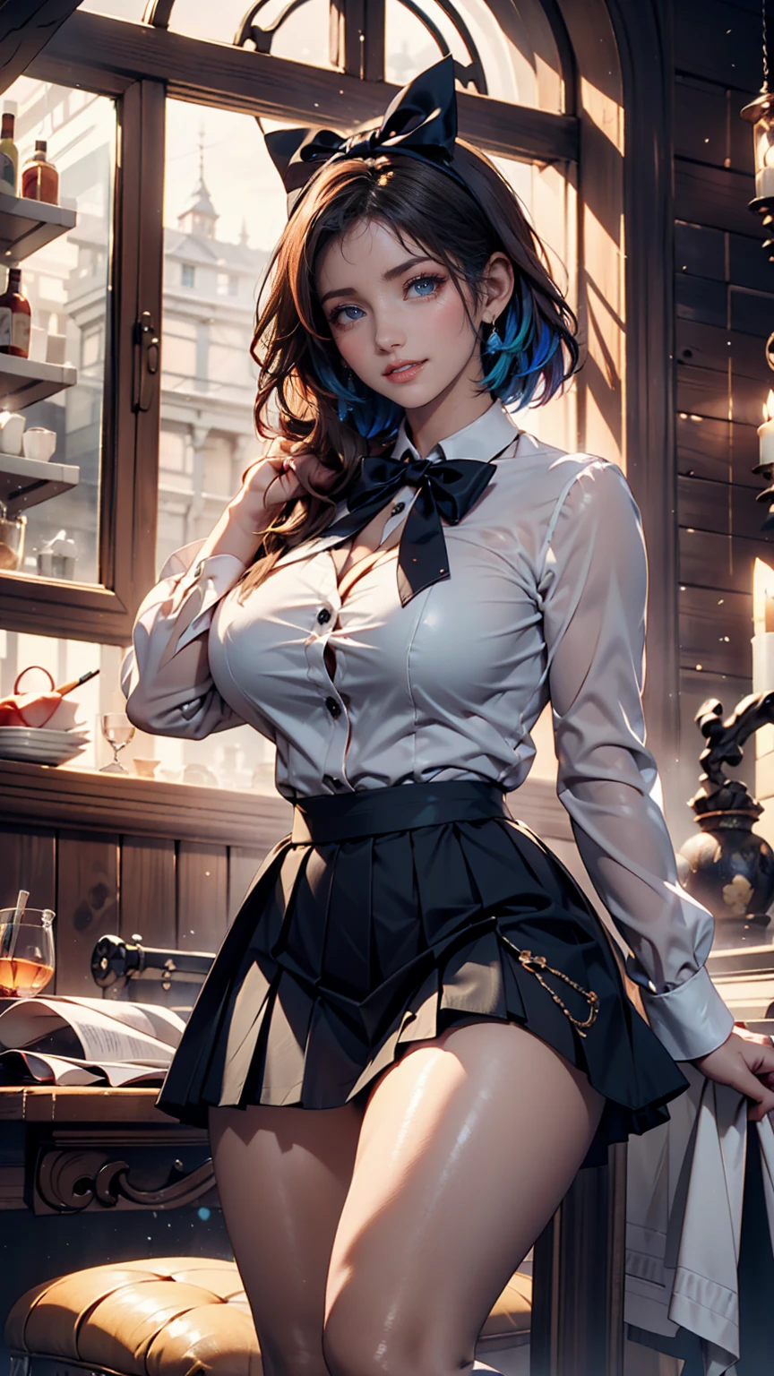 (Explicit content warning) [(masterpiece: 1.1, Highest quality: 1.1), Shy in uniform shows off, emphasize, panties, thin, Slightly 0.8. Blue Hair, Wet,