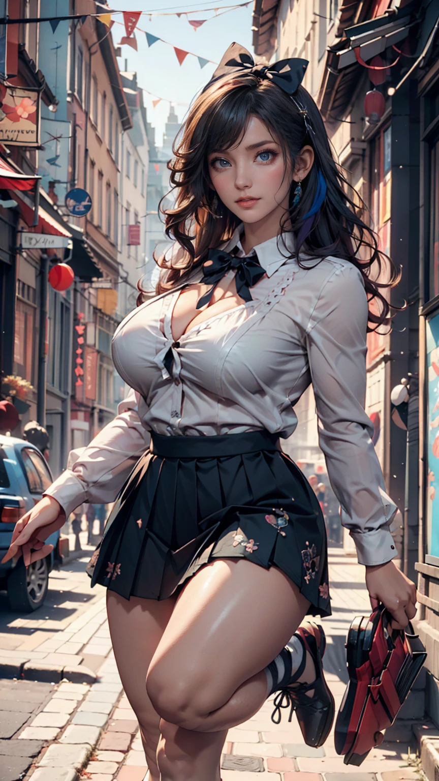 ((best qualtiy, 8k, tmasterpiece:1.3)), sharp:1.2, perfect figure beautiful woman:1.4, Slim abs:1.2, ((Layered Hair Style, huge tit:1.2)), (Long shirt with wet white buttons:1.1),secretary,Black hip skirt,(Sateen,the street:1.2),Get wet:1.5,Highly detailed facial and skin texture,A detailed eye,二重まぶた,Look sideways at the camera