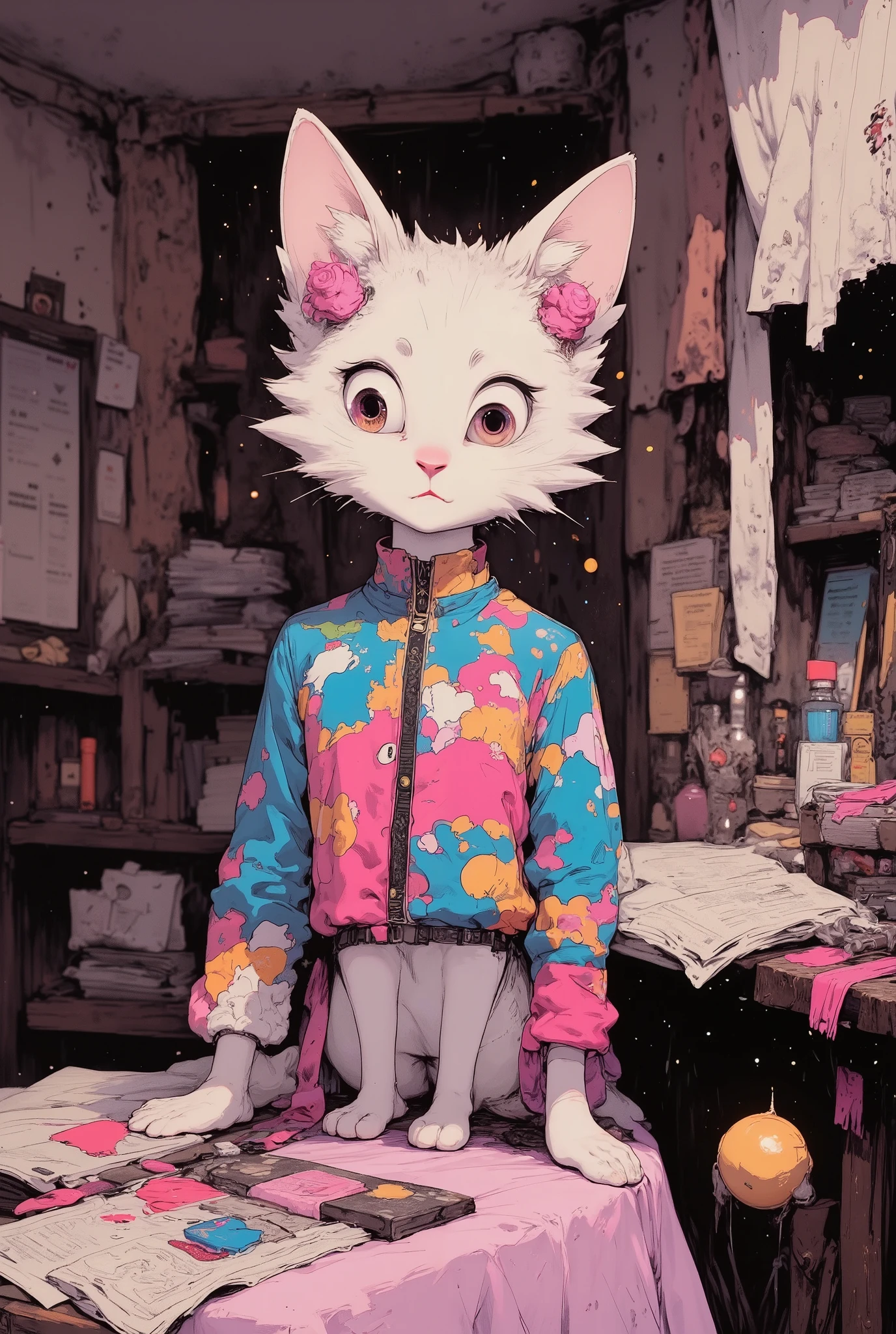 The cat has a cute expression, ((The face is a cute cat)), ((Pupil details, gradient eyes)), (sitting over a table), High Definition, masterpiece, Accurate, top quality, High Definition model, high detail, beautiful detailed, beautiful hair, high resolution, 32K, realistic rendering, (Masterpiece, Hi-res: 1. 2), 1 cat, brightly colored shirt, psychedelic designs, neon green, orange, purple,
