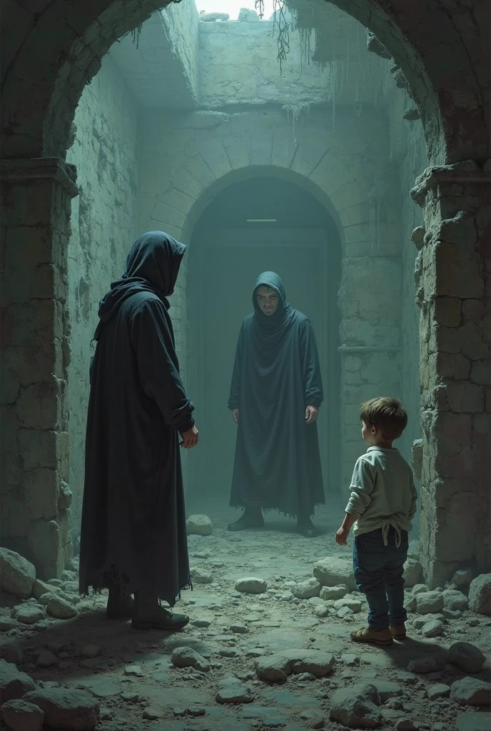 Three thieves stealing inside the hooded mansion , espiam, velha senhora,