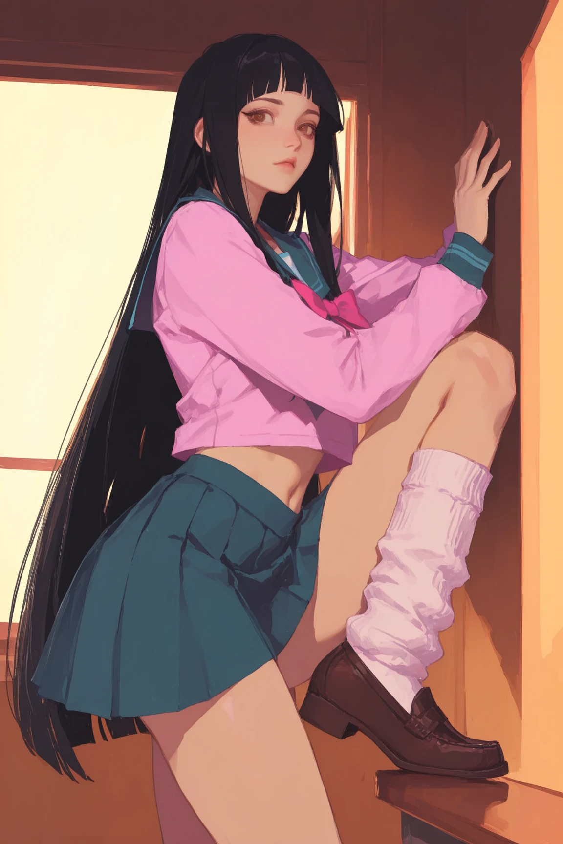 Chic ass, (grab the ass:1.6), Sitting at a desk in a chair, Take a look at us, Pink G-string, Detailed thick G-string, (Long socks), Twin-tailed, Black and Red High School Girl Uniform, crass room, Take a look at us, Soft smile, Skirt, Random hair color, smug face, Sitting, (barechested:1.3