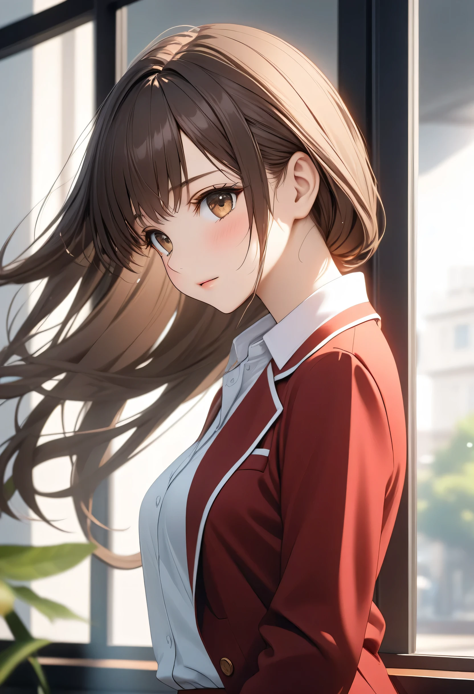 ((masterpiece, better quality, Alta resolución, UHD, perfect pixels, depth of field, 4k, RTX, hdr))), 1 girl, single, half body, medium height, alone, beautiful anime girl , beautiful artistic style, anime character breasts, ((serene expression, childish gaze, beautiful face), (long hair loose up to her back rippling in the wind, bangs, dark brown hair)), (brown eyes: 1.4, not-so-rounded eyes , beautiful eyelashes,), (Detailed face, blush: 1.2), (smooth texture: 0.75, realistic texture: 0.65, photorealistic: 1.1, anime cg style), medium breasts, foreground, (is standing in profile in front of a window with a transparent curtain, , (dynamic profile view highlighting your beautiful features, beautiful face), (He wears a red blazer , white school shirt, white plank miniskirt , long white socks above the knee, brown school shoes )), ( in the background, an apartment with light walls and furniture in green tones modern style, Close up shot of the girl , profile view