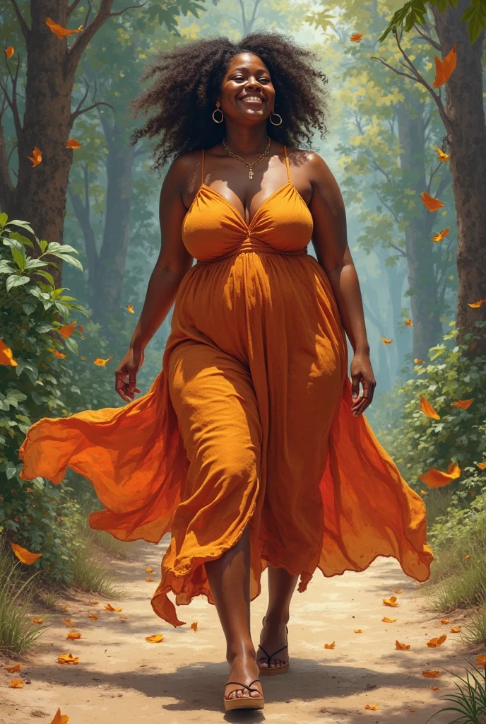  "Generate a descriptive and artistic representation of a woman with voluptuous features, focusing on body positivity and empowerment. Emphasize her confidence and individuality. The scene should be tasteful, highlighting her natural beauty without explicit nudity. Include elements such as the surrounding environment, her posture, and the emotions conveyed through her expression. Aim for a high level of detail and creativity, ensuring that the representation respects the subject while celebrating diverse body types."}