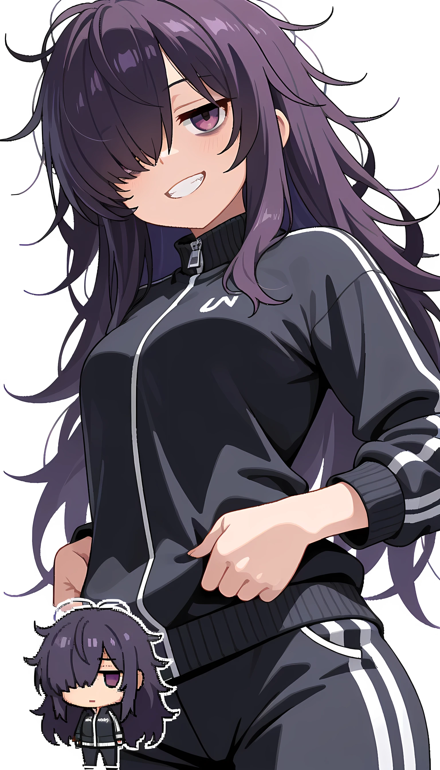 beautiful young fitness woman with , in a gym wearing May with black pantyhose, tight white and purple gym jacket. standing alone,Beautiful Tits, low lighting,ssmile ,legging preto
