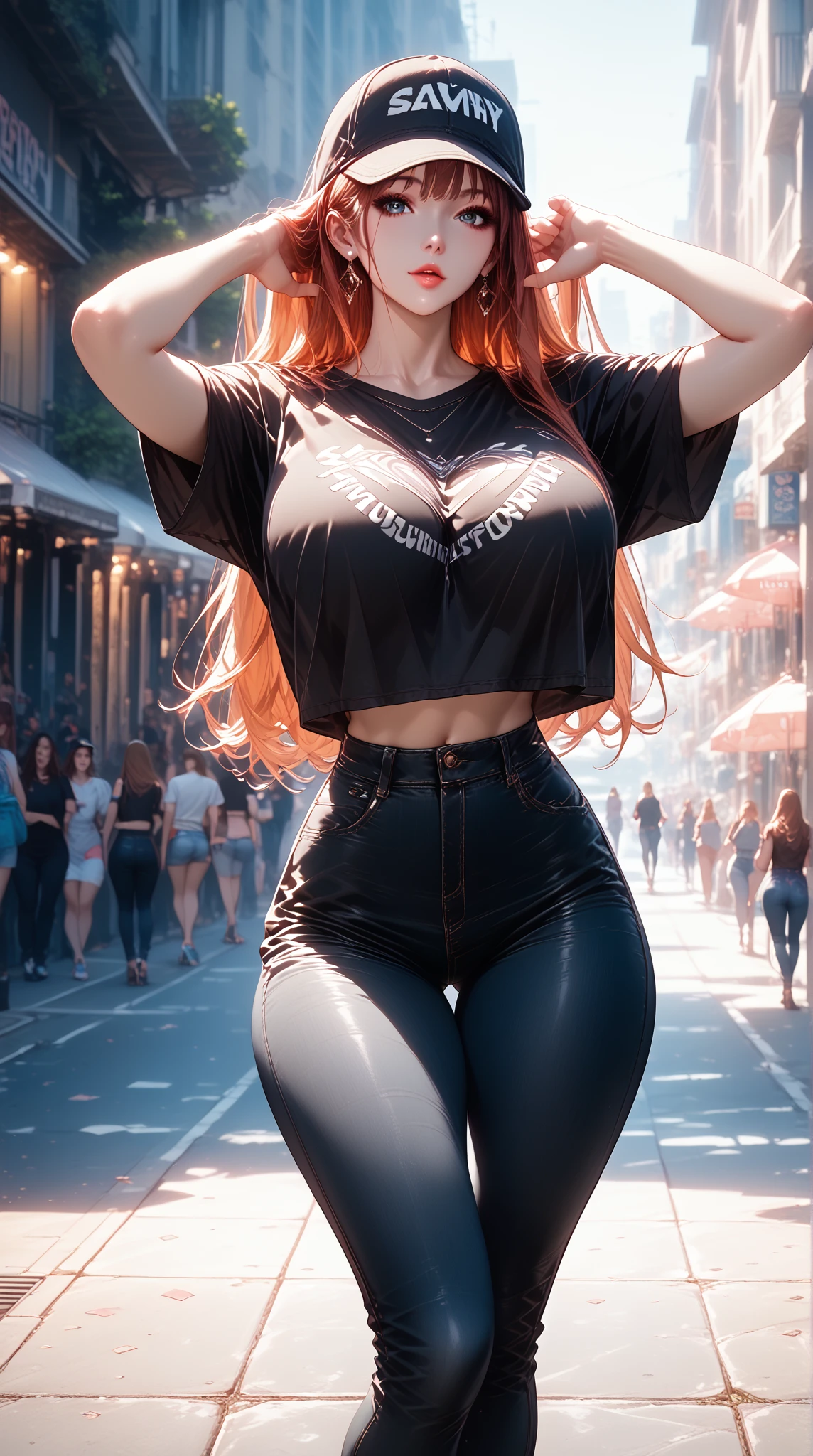 (8k, RAW photo, best quality, masterpiece: 1.2), (realistic: 1.3), (photorealistic: 1.3), ultra detailed, (high detail skin: 1.2), 8k uhd, DSLR, soft lighting, high quality, film grain, Fujifilm XT3, best quality, beautiful lighting, 1girl, long hair, ponytail, side_swept_hair, ((orange hair)), green eyes, normal ears, cocky, full body, large breasts, exposed cleavage,  outdoor, city, posing, night, thick thighs, pretty legs, beautiful legs, shiny legs, black leather mini skirt, turquoise lingerie, open shirt, business woman, , tie, bracelet, necklace, high heels, stilettos, walking, looking into the distance, elegant woman, beautiful woman, black tights, higheels black boots,undersized bra, huge breasts, skindentation, cleavage, nipples, bursting breasts,