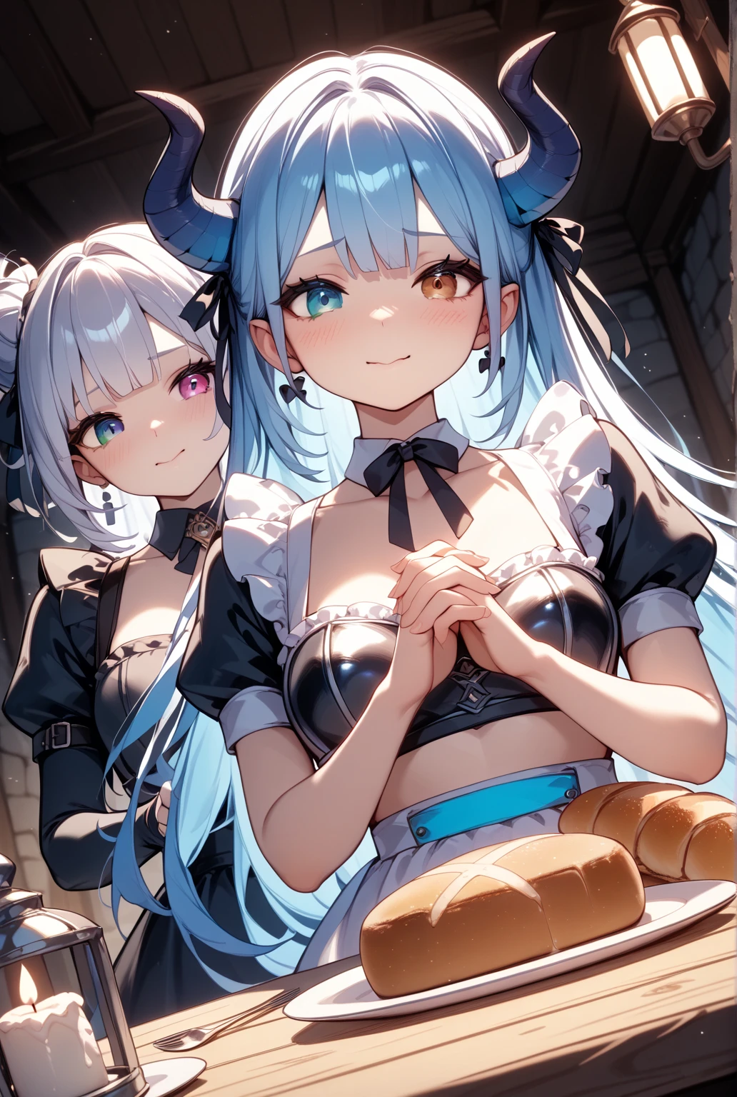 Dark Elf, 2girls, pointy ears, thighhighs, long hair, kneeling, black hair, looking at viewer, white hair, magic movie scene,fantasy,25yo