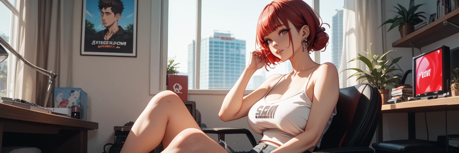 Red shorthair,head phone,gravure,masterpiece,Beautuful Women,games,a picture,s ass,1 persons,summer vacation