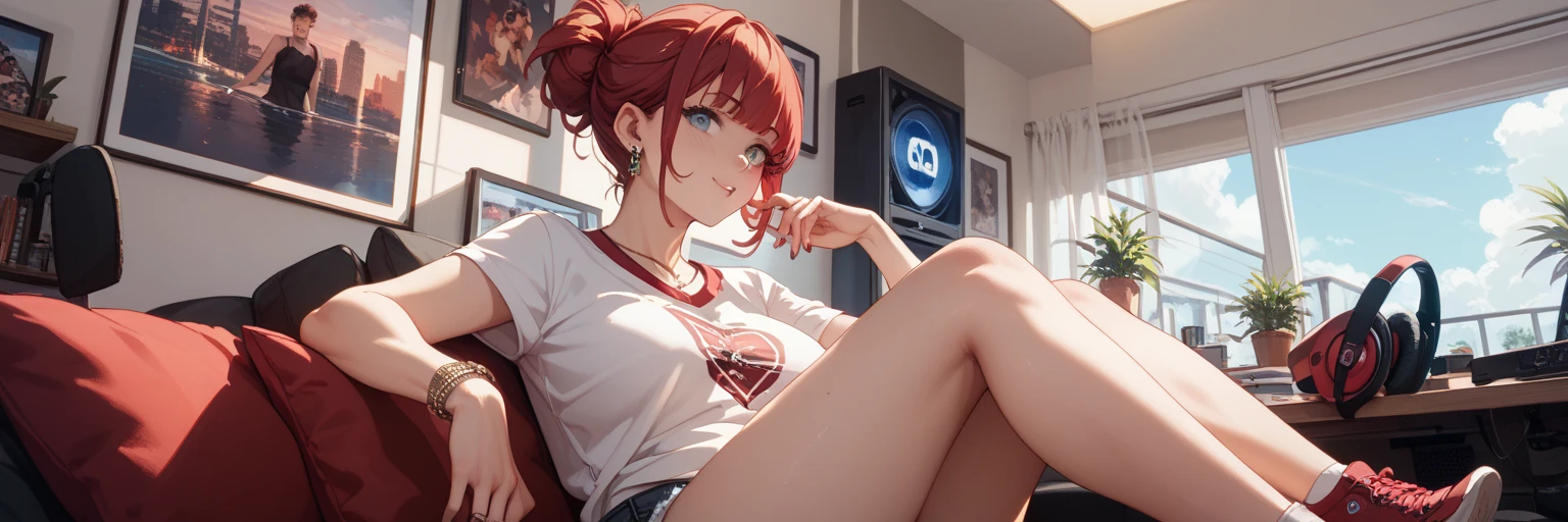 Create a high-quality, detailed image of a beautiful, sexy anime lofi girl with short, red hair, bright blue eyes, and a smile, sitting at her gaming PC in a cozy lounge. She has tattoos and wears a tank top and shorts, showing her shoulder and midriff, highlighting her stunning curves and toned body. The warm, inviting scene includes soft ambient lighting, comfortable seating, and a high-end PC setup with multiple monitors and RGB lighting. The setting is illuminated by a small lamp, creating a serene and intimate atmosphere (HIGH QUALITY)