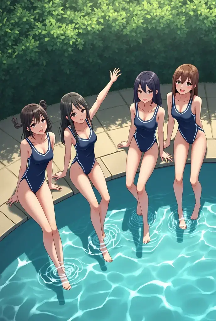 Highest quality、High resolution、Detailed Background、Beautiful face in every detail、Detailed facial expressions、Detailed eyes、age beauty、ponytail、Bobcut、Twin tails、Navy school swimsuit、Huge breasts、Perfect body line、
(Five beautiful girls in school swimsuits having fun in the school pool:1.5)、
A big smile、Laughing with your mouth open、My whole body is wet、My hair is wet too、A fun atmosphere、Embrace each other、cute仕草、Accentuate your breasts、cute