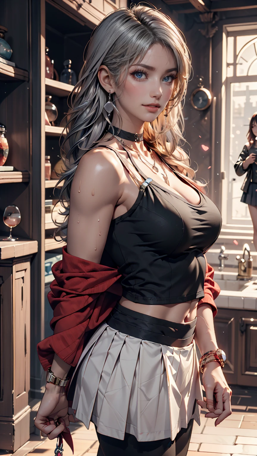 24-year-old female、Sexy proportions、Silver Hair、Underboob Top((underboob top))、Underboob exposure、Navel exposed、Low-rise miniskirt、Garter Stockings、Stiletto heels、Clutch bags、Skyscraper background、At a high-end boutique、smile、Leaning forward to expose cleavage to the viewer