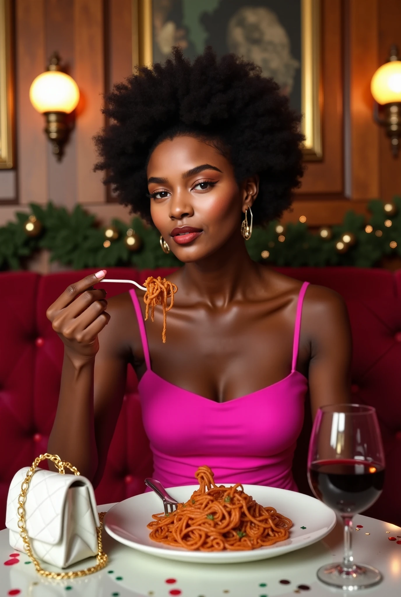 there is a black woman , the woman has, she has dark skin, with dark brownish skin, with long curly, long black loose moisturised curly hair she is dressed elegantly, sits at a chic Michelin-starred restaurant table. She’s about to indulge in a gourmet dish—a beautifully plated culinary masterpiece with artistic presentation. Her eyes light up with excitement as she takes a delicate bite, savoring the flavors. The soft ambient lighting of the restaurant highlights her graceful posture, creating a perfect blend of luxury dining and sophisticated beauty.