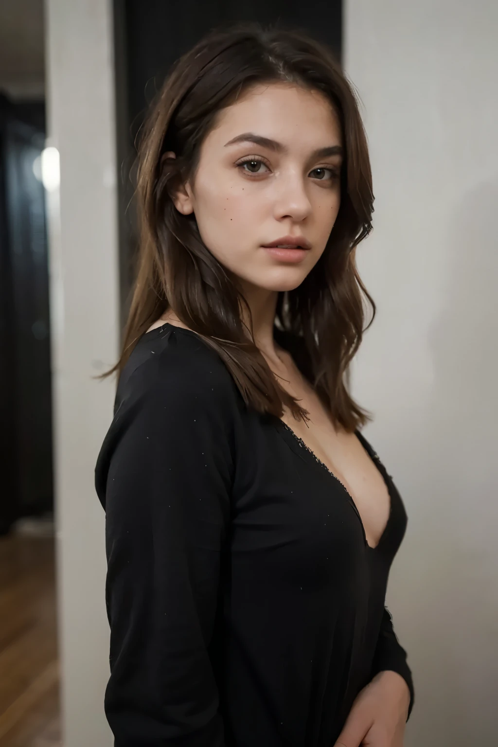 ((best quality)), ((masterpiece)), (detailed),
Influencer style girl, big tits, small waist, some skin imperfections, blue radian eyes, brunette hair, big lips, round face, black dress, at a party, black purse