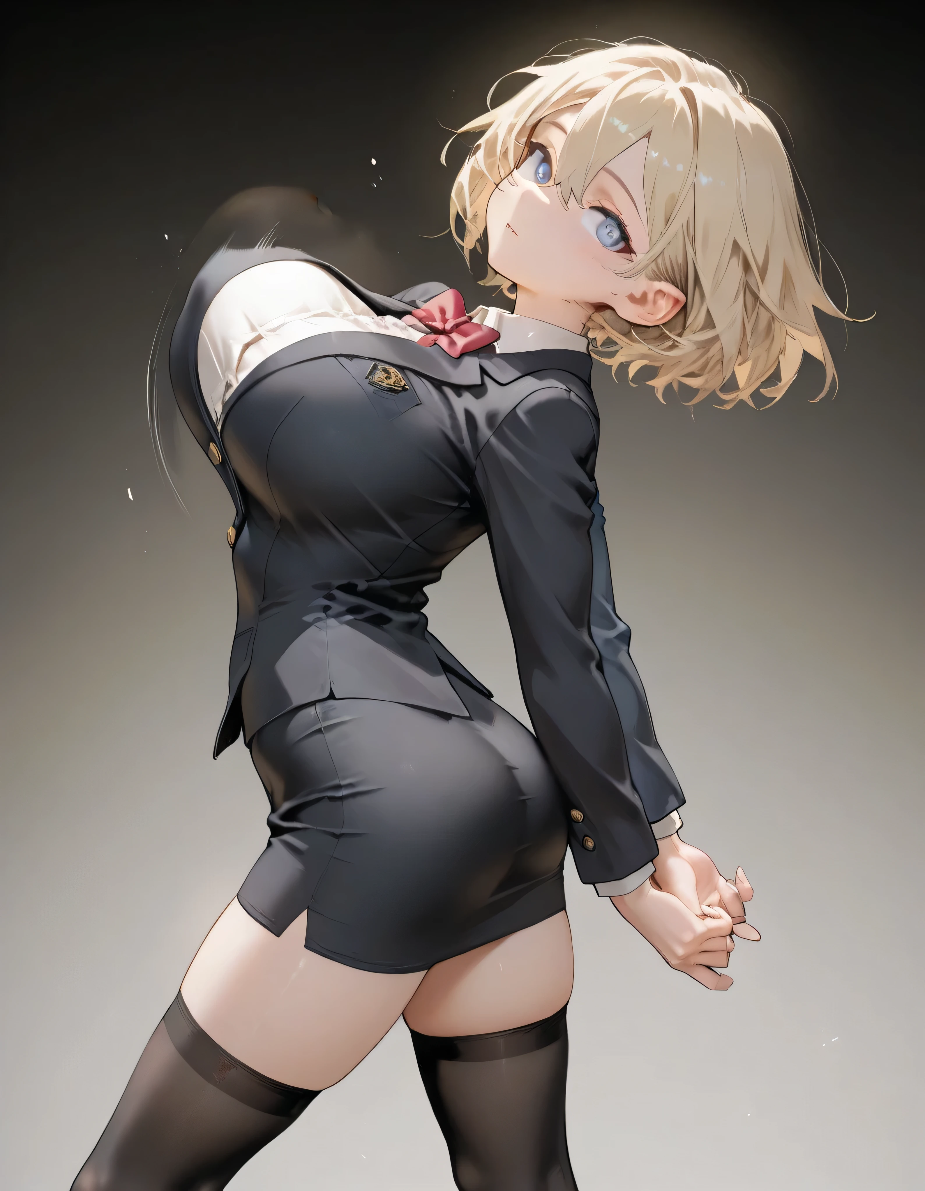 very small female, BREAK, solo, 1 skinny girl standing, (very perite girl), (very small girl), disproportionately huge breasts, too short torso, too short waist, too narrow waist, skinny legs, BREAK, looking at viewer, arched back, arms behind back, bouncing breasts, BREAK, tight-fit black blazer, tight pencil skirt, black thighhighs