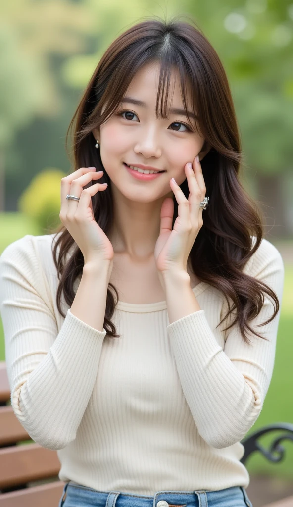 (masutepiece:1.3), High resolution, ultra-detailliert, the Extremely Detailed CG Unity 8K Wallpapers, Realistic, Photorealsitic, Raw photo, beautifull detailed face, pale skin, realistic glistening skin, Detailed Cloth Texture, detailed hair texture, Perfect Style, Beautiful face, 准确, Anatomically correct, Highly detailed face and skin texture, Natural Neck Length Break Detail Eyes, symmetrical eye, Brown eyes, Double eyelids, Thin eyebrows, (Sexy lips:1.3), (Happy smile:1.2), (blush:1.2) BREAK, ((a Innocent and cute girl:1.3)), ((Wearing an off-shoulder white blouse:1.4)),  (Gold Buckle Belt), (Skinny Jeans:1.2), (Cross Strap High Heels:1.2), (Necklace, 手链), (Thin hoop earrings), (Pinky Ring), (Beautiful blue nails:1.2), Layered hairstyle, (Brown hair:1.2), (Wavy Hair:1.2), Medium Long Hair, (Large breasts, firm breasts, nice shaped breasts:1.5), ((upperbody shot:1.2)), (Focus on Face:1.2), (From  above:1.2), (Stylish city outdoors),Japan Person Model、Young gravure idols、Young cute gravure idol、Realistic Young Gravure Idol、Realistic  gravure idol、Young gravure idols、sophisticated gravure idol、Young skinny gravure idol、beautifull asian girl ever、Very long hair、Longhaire、Large cleavage
